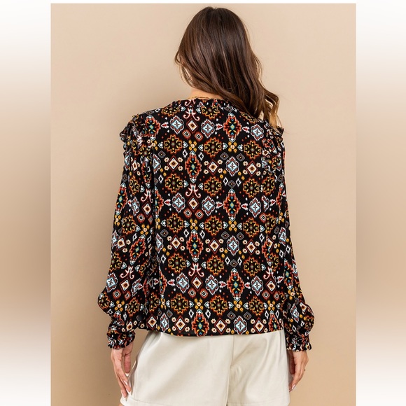 22 Bohemian Print Ruffle Self Tie Neck Blouse - Picture 4 of 6